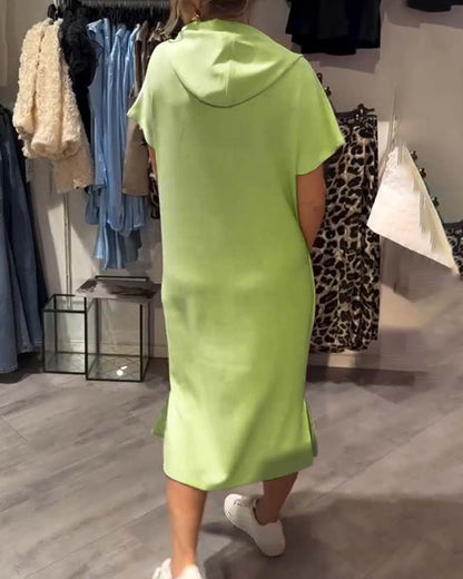 Comfortable Orange Hoodie Midi Dress for Women with Drawstring Hood Short Sleeve Kangaroo Pocket Relaxed Style