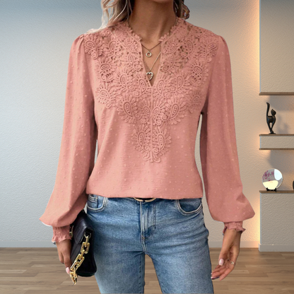 Elegant Swiss Dot Lace Blouse for Women with V Neck Bishop Sleeve Crochet Trim Flowing Style