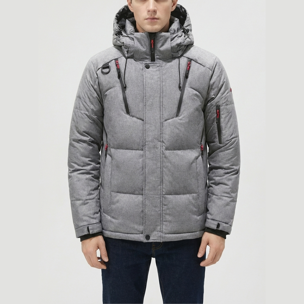 Cozy Puffer Jacket for Men with Hooded Collar Long Sleeve Zip Up Quilted Padded Winter Style