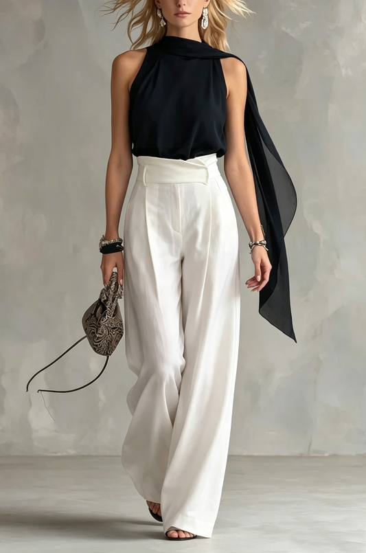 Elegant Black Halter Top for Women with Draped Cowl Neck Flowy Cape Style