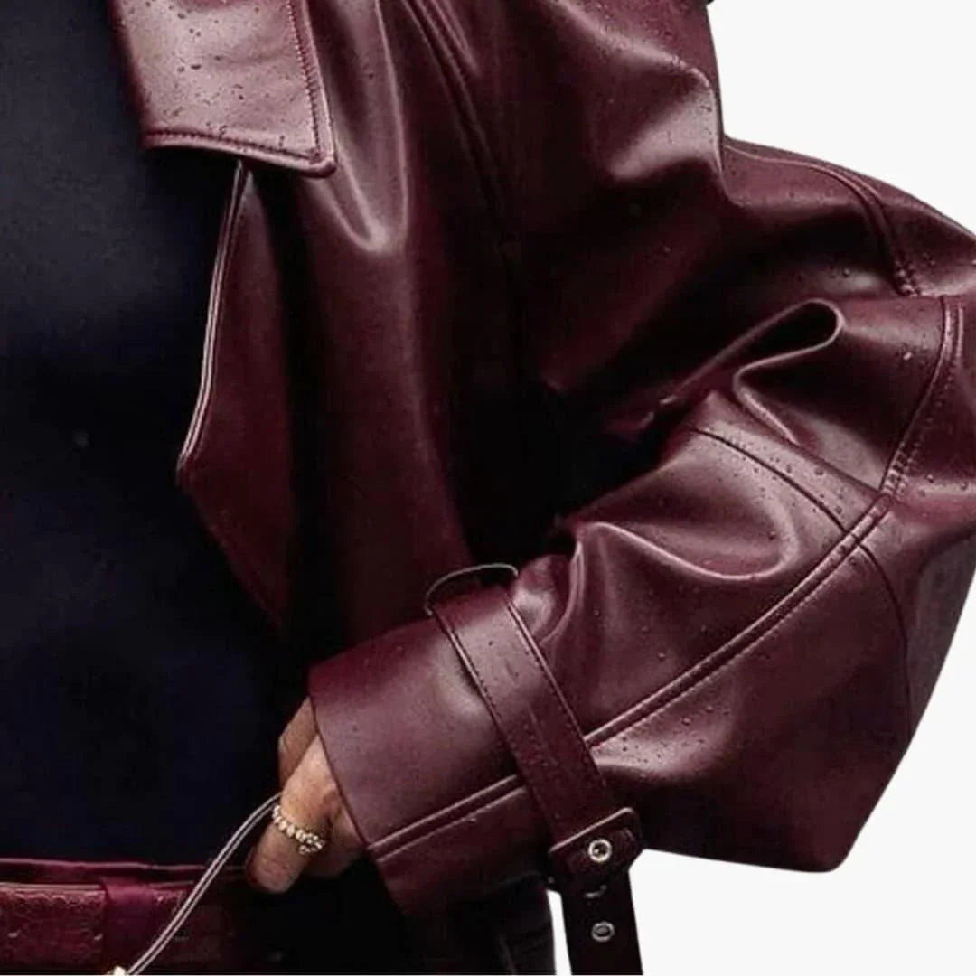 Elegant Brown Leather Jacket for Women with Notch Lapel Long Sleeve Cropped Belted Biker Style