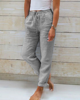Effortless Linen Pants for Women with High Waist Drawstring Cuffed Hem Relaxed Casual Style