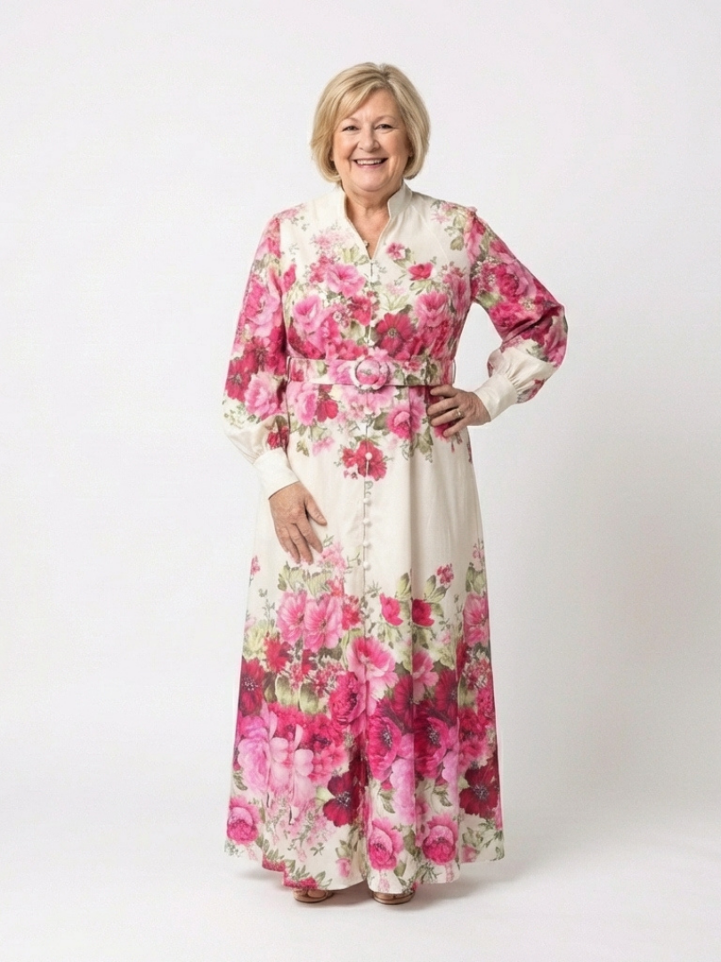 Elegant Pink Floral Autumn Wedding Guest Dress for Women with Mandarin Collar Long Sleeve Belted Maxi Style