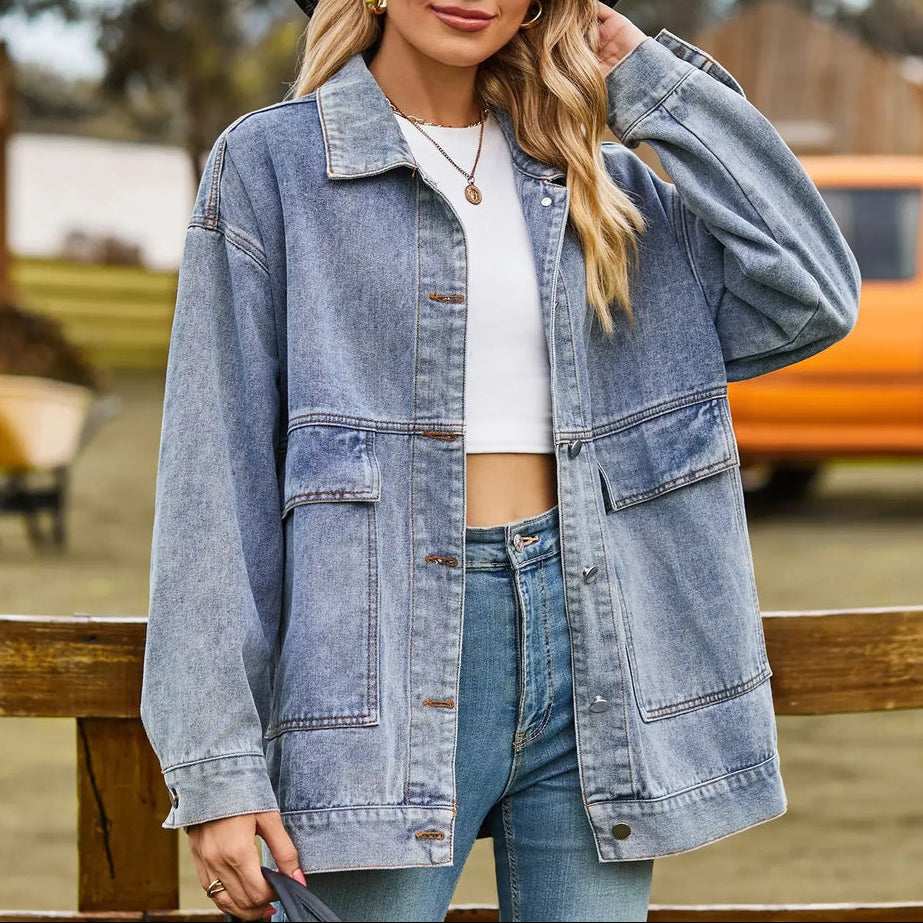 Effortless Denim Jacket for Women with Spread Collar Long Sleeve Button Front Washed Oversized Style