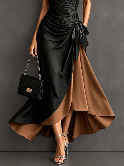 Elegant Color Block Wrap Maxi Dress for Women with Collared Neck Short Sleeve Tie Waist High Low Style