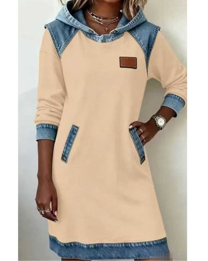 Effortless Colorblock Denim Dress for Women with Hooded Long Sleeve Raglan Pocket Casual Style