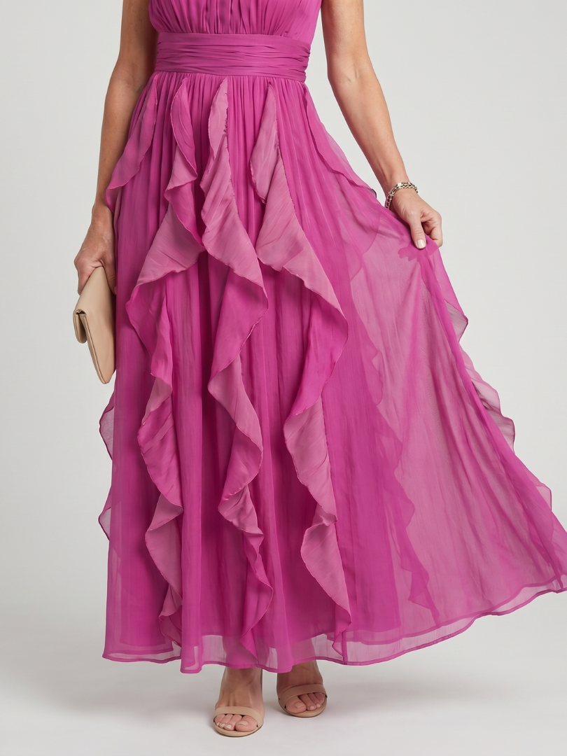 Elegant Pink Chiffon Cocktail Dress for Women with Halter Neck Ruffle Tiered Maxi Formal Wedding Guest Style