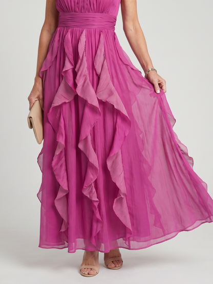 Elegant Pink Chiffon Cocktail Dress for Women with Halter Neck Ruffle Tiered Maxi Formal Wedding Guest Style
