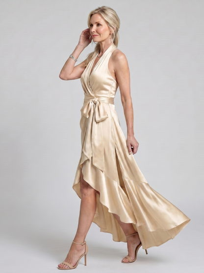 Elegant Champagne Satin Cocktail Dress for Women with Halter Neck Sleeveless Wrap High Low Style