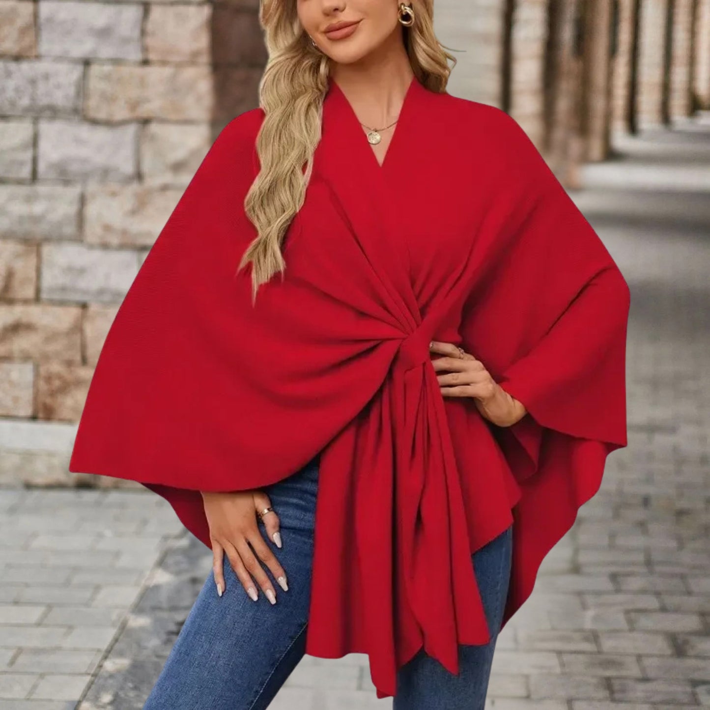 Elegant Knit Poncho for Women with V Neck Batwing Sleeve Tie Waist Wrap Style