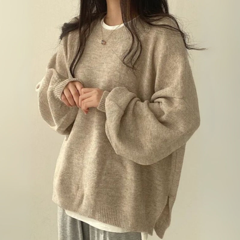 Comfortable Oversized Sweater for Women with Crew Neck Balloon Sleeve Ribbed Cuff Relaxed Knit Style