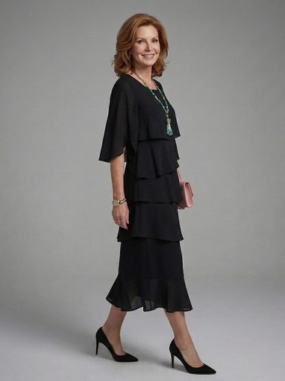 Elegant Black Tiered Fall Wedding Guest Dress for Women with Round Neck Flutter Sleeve Ruffle Hem Flowing Style