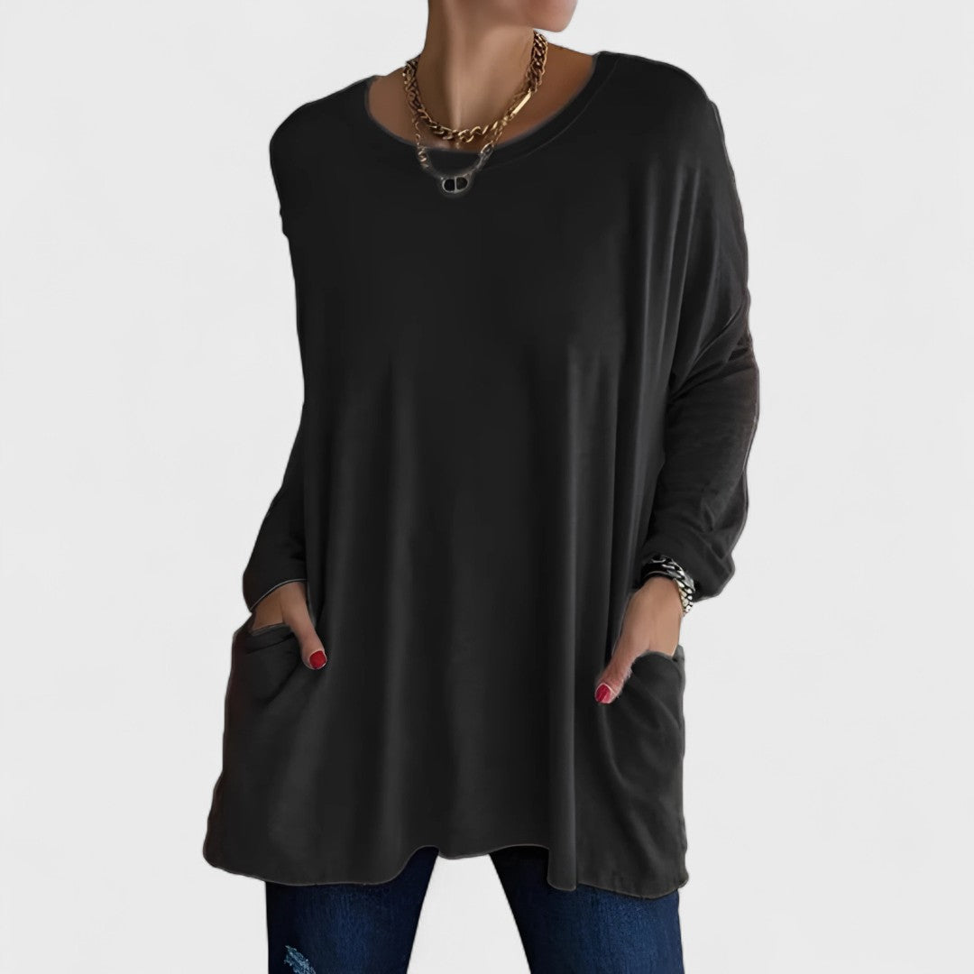 Comfortable Oversized Tunic for Women with Crew Neck Long Sleeve Side Pocket Relaxed Style