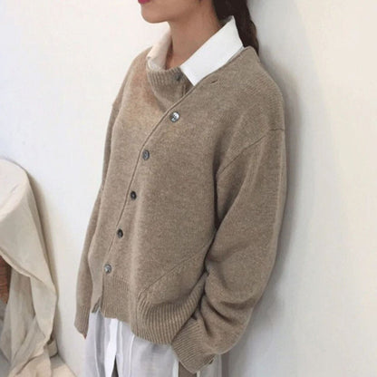 Cozy Oversized Knit Cardigan for Women with Round Neck Long Sleeve Button Front Relaxed Style
