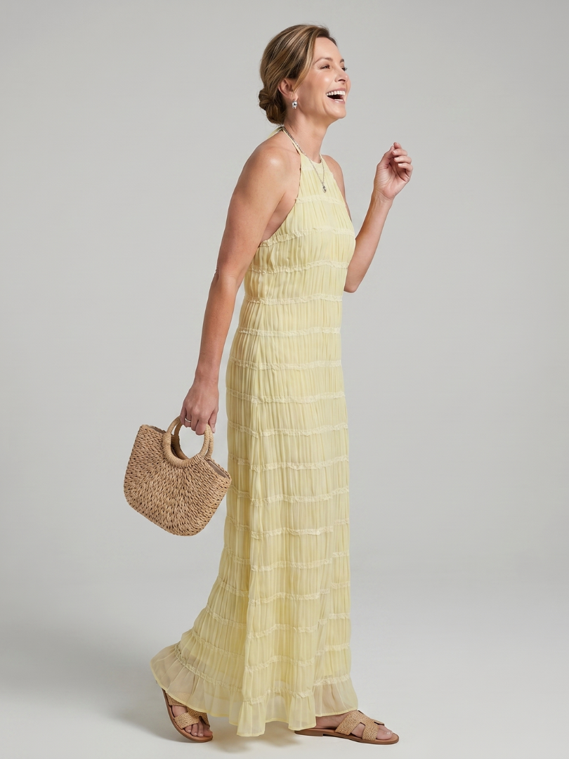 Textured Fringe Elegant Dress for Women with Halter Neck Sleeveless Tiered Maxi Flowing Style