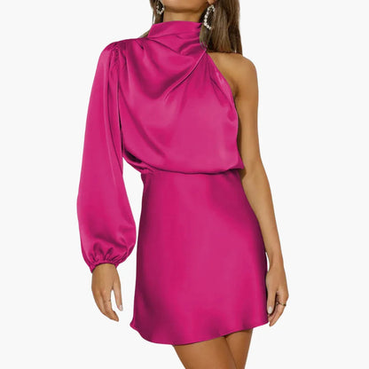 Elegant Satin Halter Mini Dress for Women with High Neck Balloon Sleeve One Shoulder Draped Formal Party Style