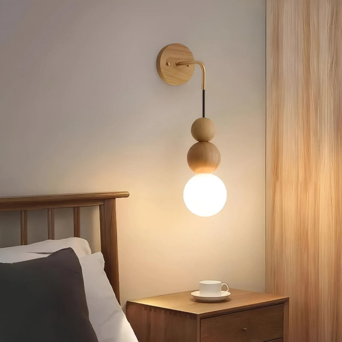 Walnut Wall Lamp Brass Accent Glass Globe Mid-Century Bedside Sconce Wall Light
