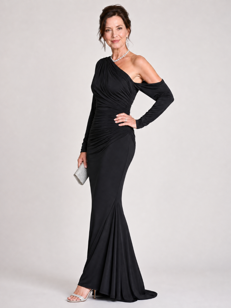 Elegant Black Maxi Dress for Women with One Shoulder Long Sleeve Ruched Fitted Formal Wedding Guest Style