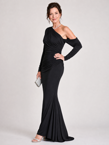 Elegant Black Maxi Dress for Women with One Shoulder Long Sleeve Ruched Fitted Formal Wedding Guest Style