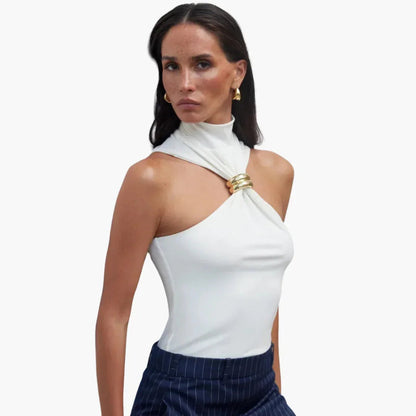 Elegant Halter Top for Women with High Neck Sleeveless Ring Hardware Cutout Style