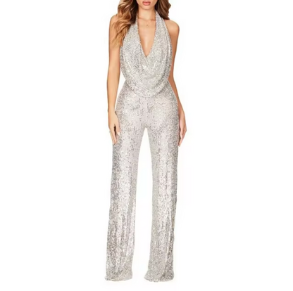 Elegant Sequin Jumpsuit for Women with Halter Cowl Neck Sleeveless Wide Leg Sparkle Formal Party Style