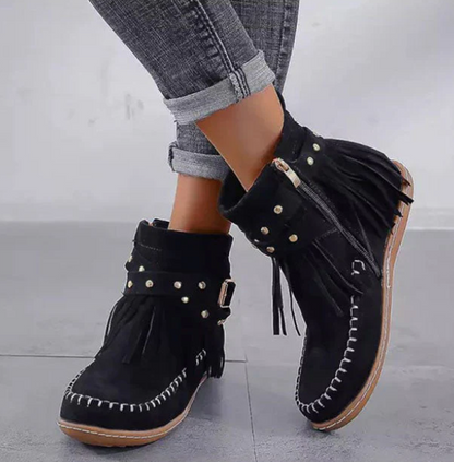 Effortless Tan Suede Fringe Booties for Women with Round Toe Buckle Strap Western Style