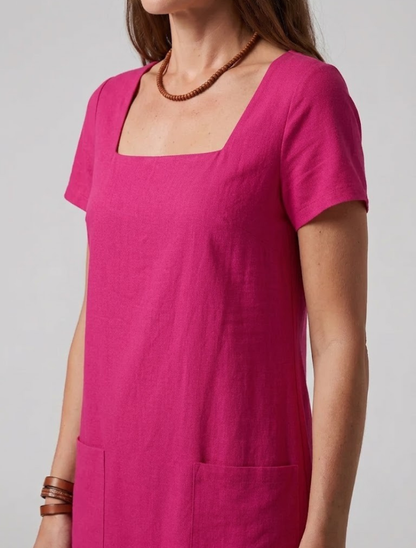 Elegant Pink Linen Mini Dress for Women with Square Neck Short Sleeve Patch Pocket Shift Style