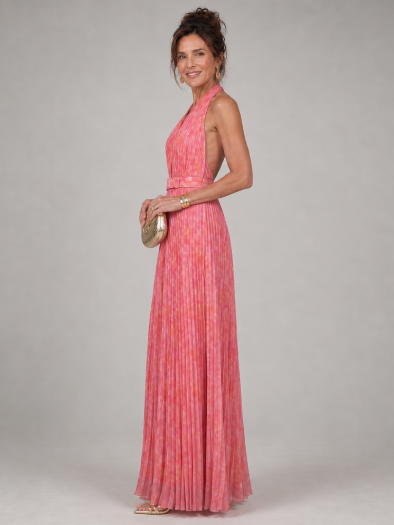 Elegant Pink Dress for Women with Halter Neck Deep V Pleated Belted Wedding Guest Style