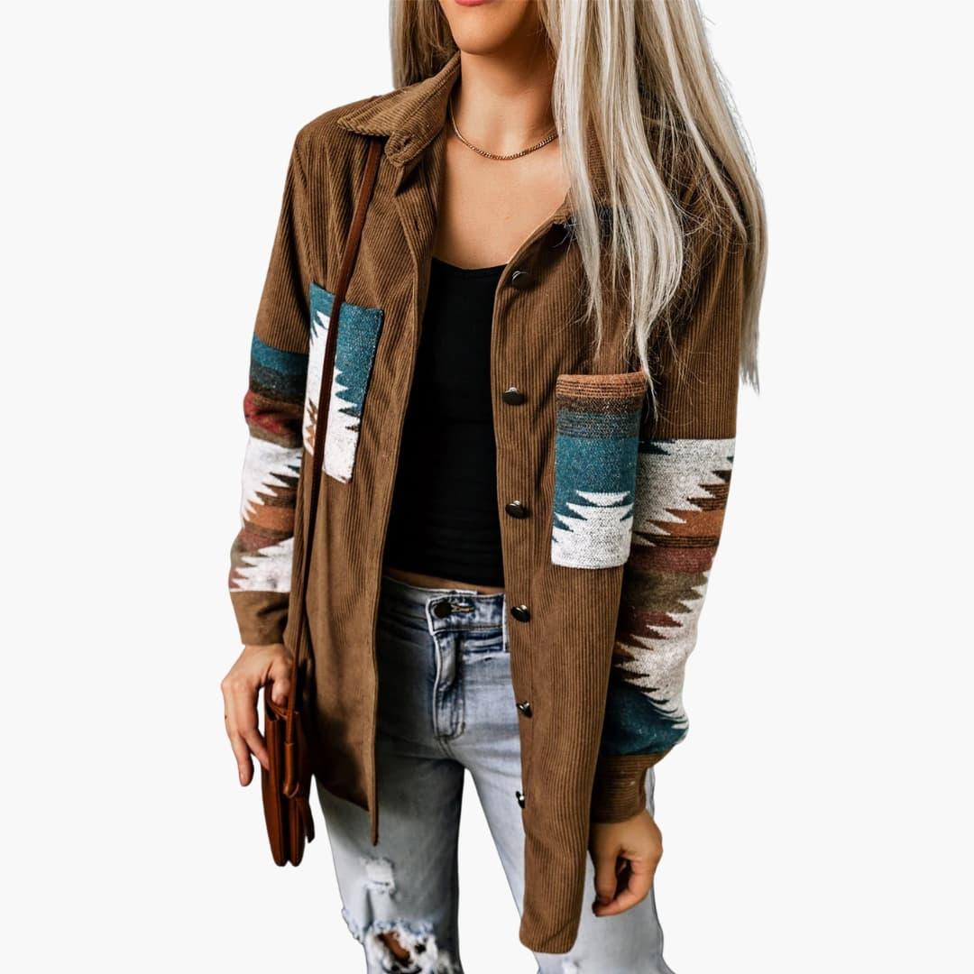 Effortless Brown Corduroy Shacket for Women with Spread Collar Long Sleeve Aztec Panel Oversized Style