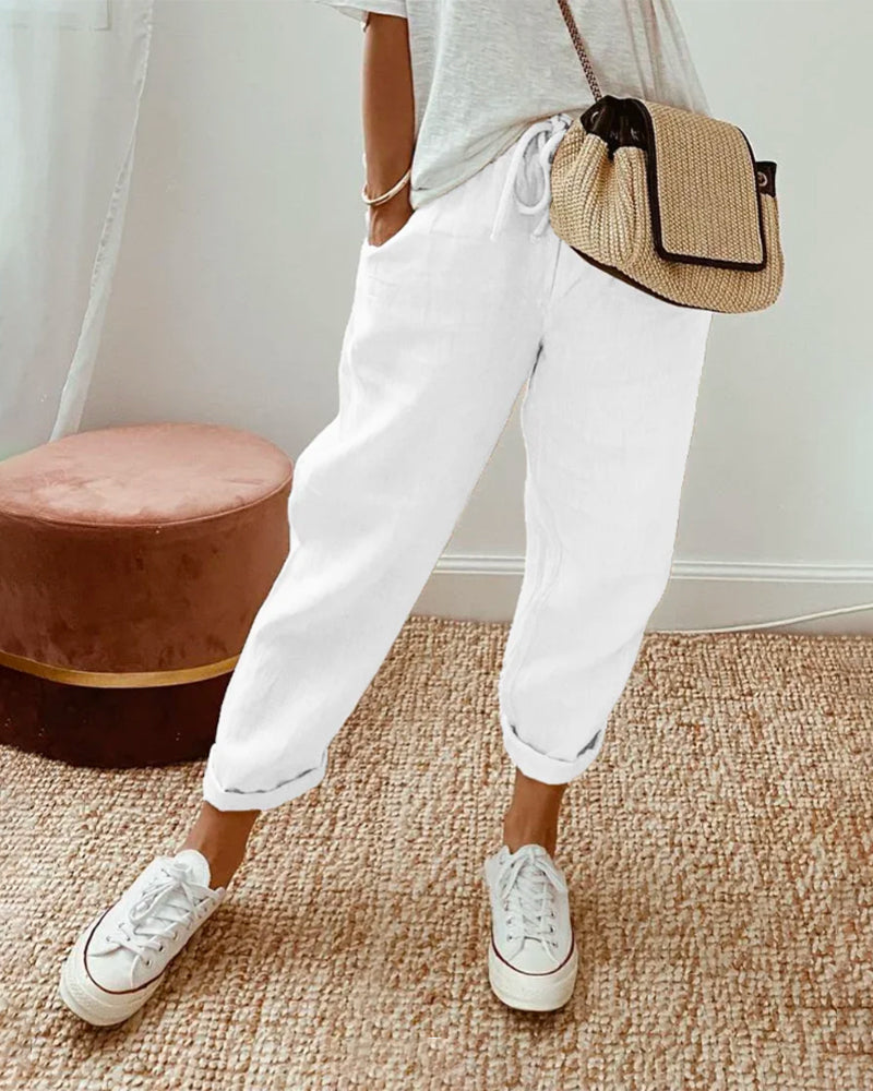 Effortless Linen Tapered Pants for Women with High Waist Drawstring Relaxed Cuffed Hem Casual Style
