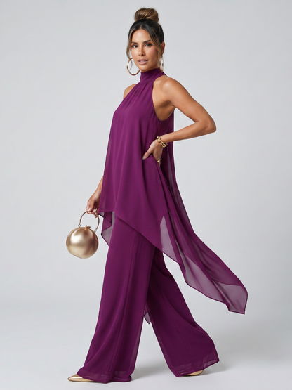 Elegant Magenta Halter Two Piece Set for Women with High Neck Chiffon Wide Leg Pant Formal Style
