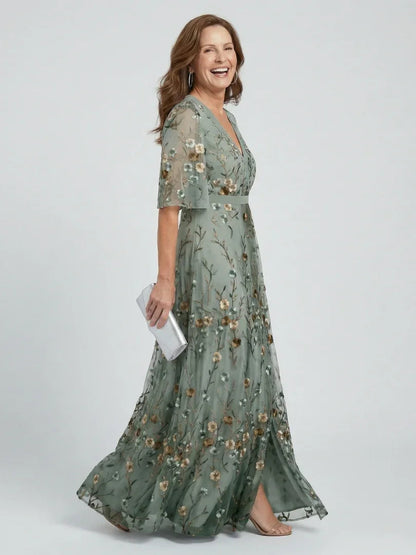 Elegant Sage Green Maxi Dress for Women with V-Neck Flutter Sleeve Floral Embroidered Wedding Guest Style