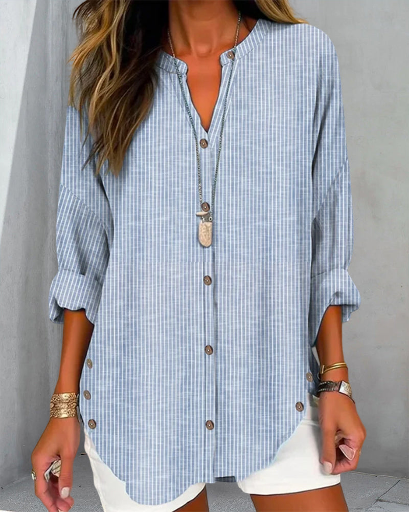 Effortless Striped Linen Shirt for Women with V Neck Long Sleeve Curved Hem Relaxed Style