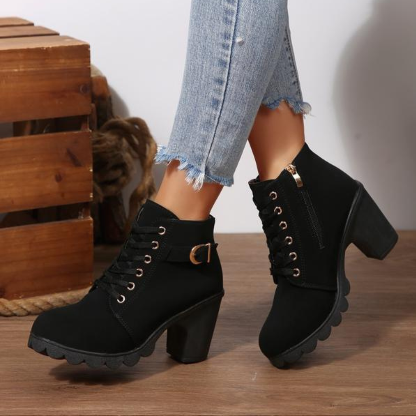 Stylish Suede Lace Up Women Boots with Buckle Strap Chunky Heel Ankle Style