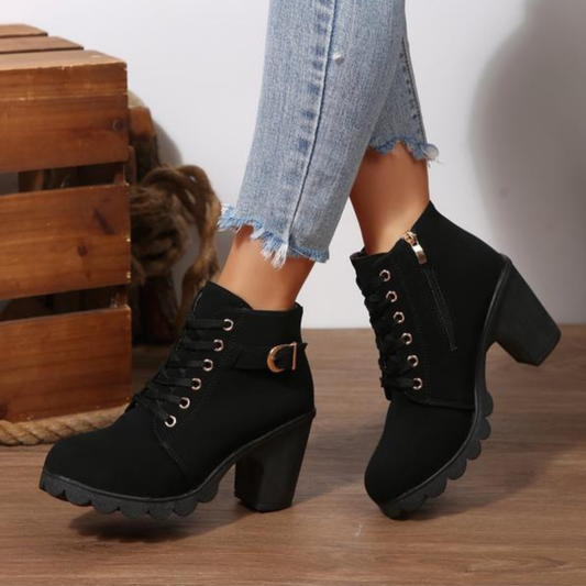 Stylish Suede Lace Up Women Boots with Buckle Strap Chunky Heel Ankle Style