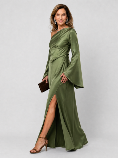 Elegant Green Satin Maxi Dress for Women with One Shoulder Cape Sleeve Side Slit Formal Wedding Guest Style