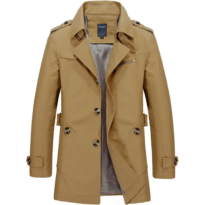Classic Trench Coat for Men with Notch Lapel Long Sleeve Single Breasted Mid Length Style