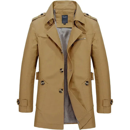 Classic Trench Coat for Men with Notch Lapel Long Sleeve Single Breasted Mid Length Style