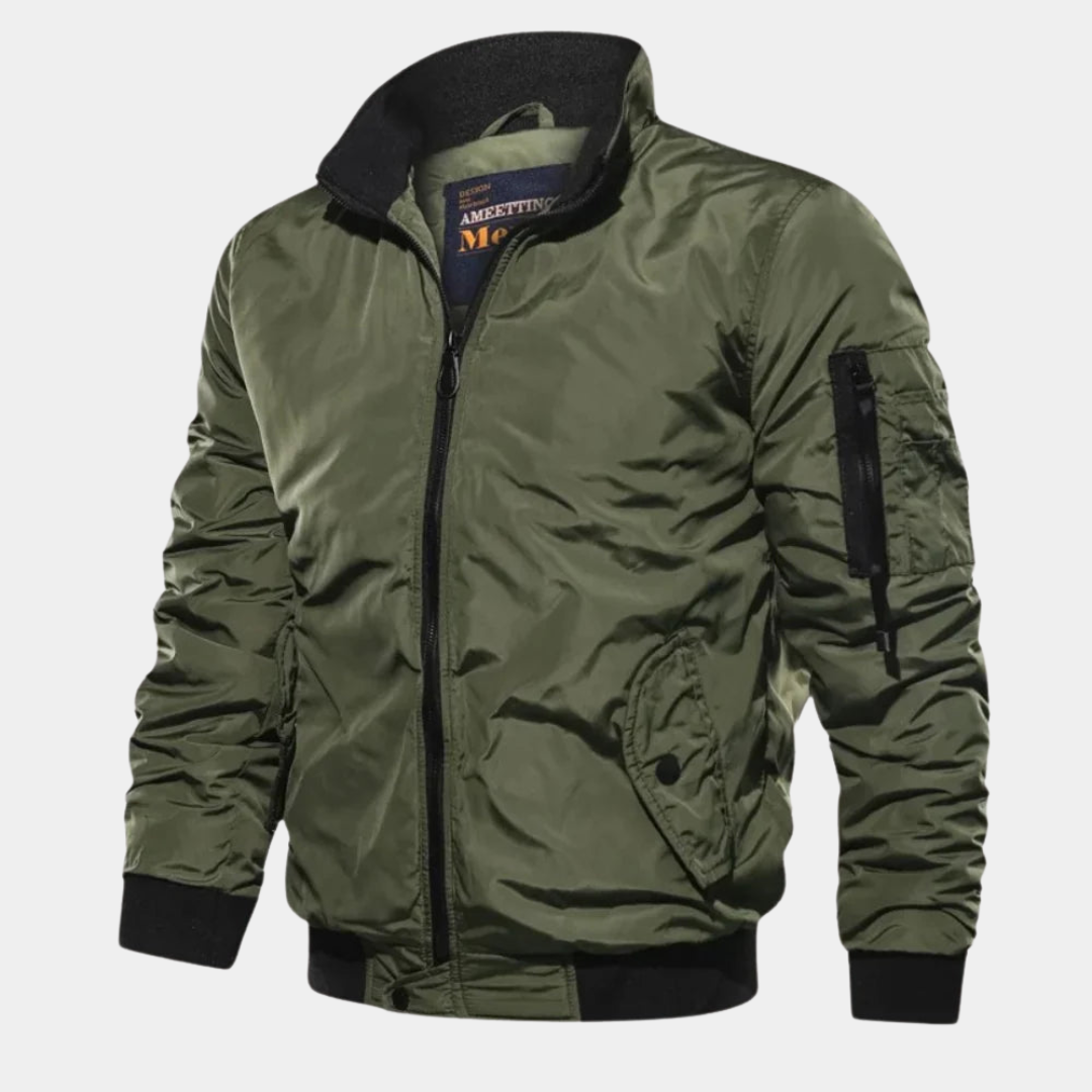 Rugged Bomber Jacket for Men with Stand Collar Long Sleeve Full Zip Windproof Sleeve-Pocket Style