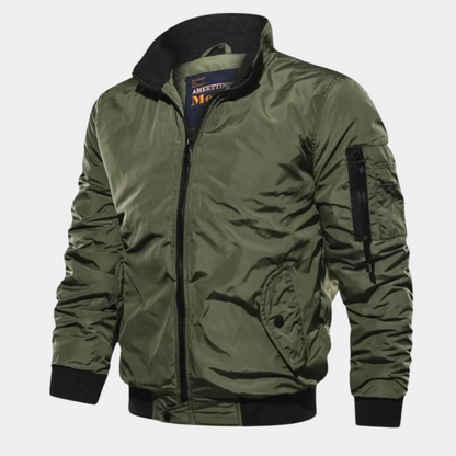 Rugged Bomber Jacket for Men with Stand Collar Long Sleeve Full Zip Windproof Sleeve-Pocket Style
