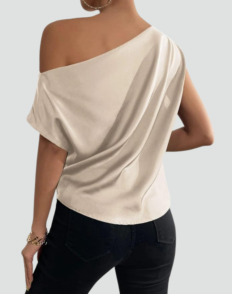 Elegant Satin Off The Shoulder Top for Women with Draped Asymmetric Sleeveless Silky Style