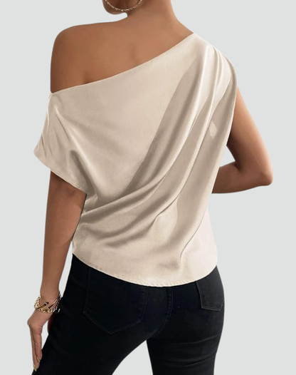 Elegant Satin Off The Shoulder Top for Women with Draped Asymmetric Sleeveless Silky Style