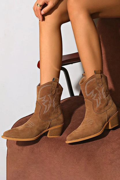 Stylish Brown Suede Western Ankle Boots for Women with Pointed Toe Stacked Heel Stitched Detail Style