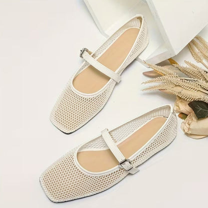 Comfortable Mary Jane Shoes for Women with Square Toe Mesh Strap Flat Breathable Style