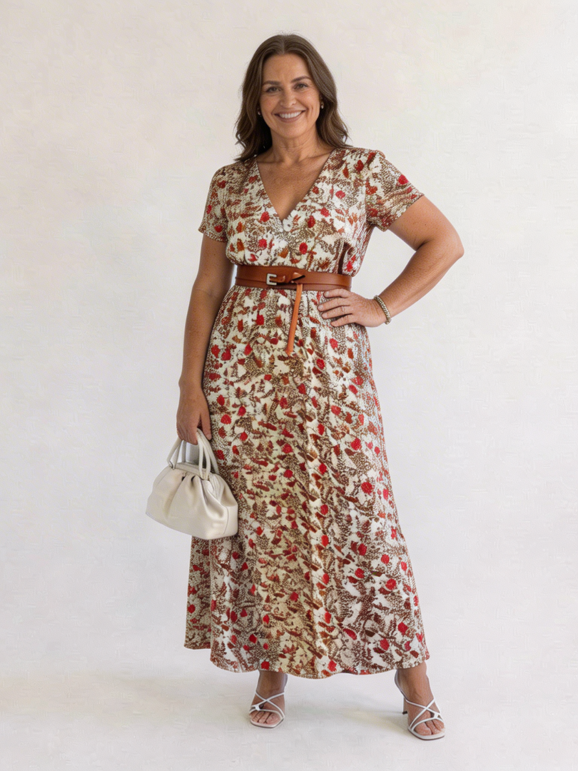 Effortless Floral Mini Dress for Women with V Neck Short Sleeve Belted Flowing Style