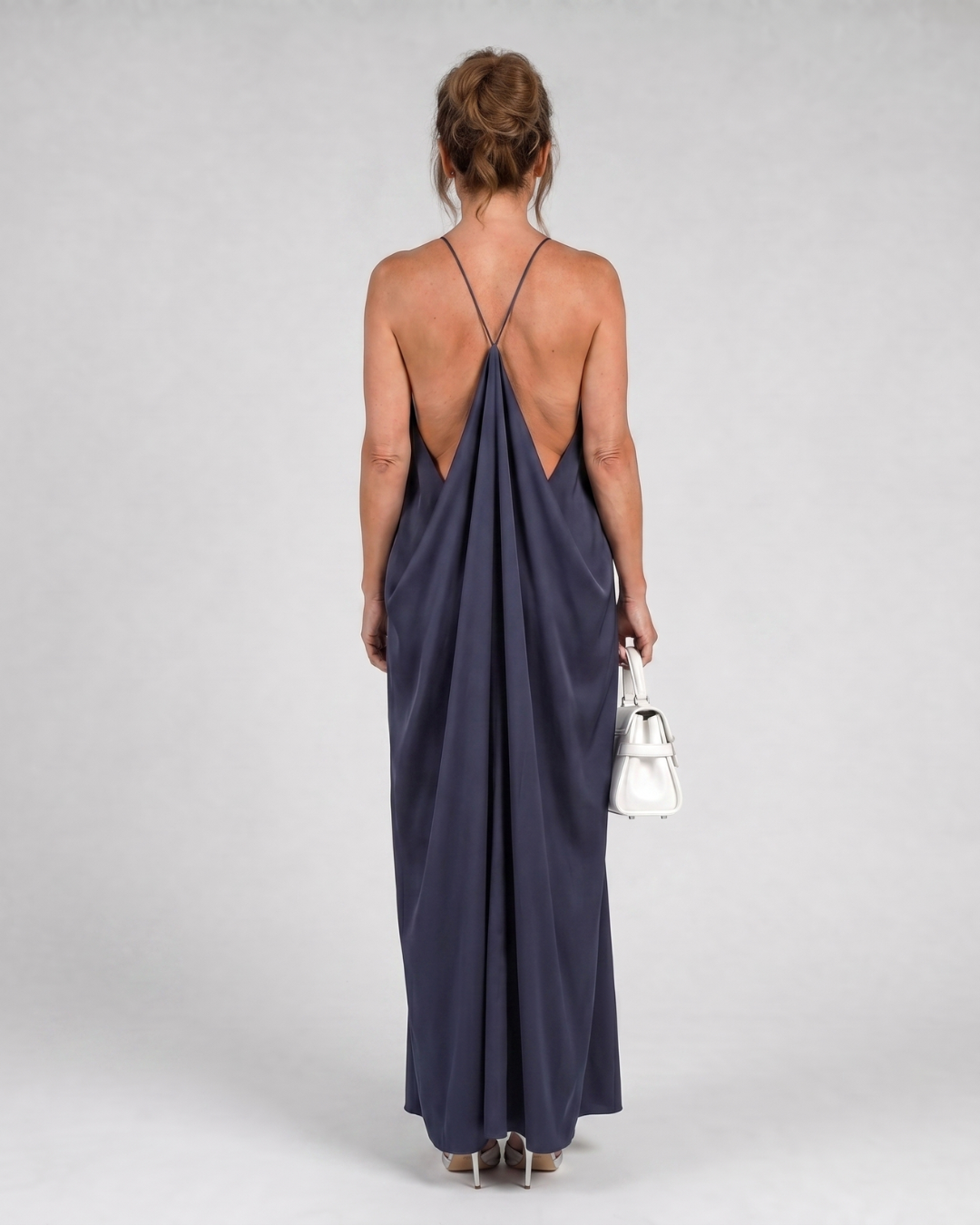 Elegant Navy Cocktail Dress for Women with High Neck Sleeveless Draped Open Back Style