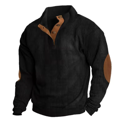Cozy Ribbed Knit Button Sweater for Men with Stand Collar Long Sleeve Elbow Patch Pullover Style