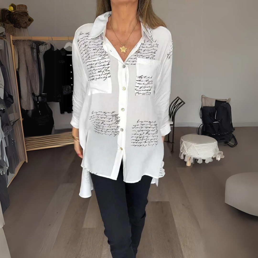 Effortless Script Print Shirt for Women with Collar Long Sleeve Oversized Casual Style