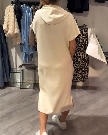 Comfortable Orange Hoodie Midi Dress for Women with Drawstring Hood Short Sleeve Kangaroo Pocket Relaxed Style