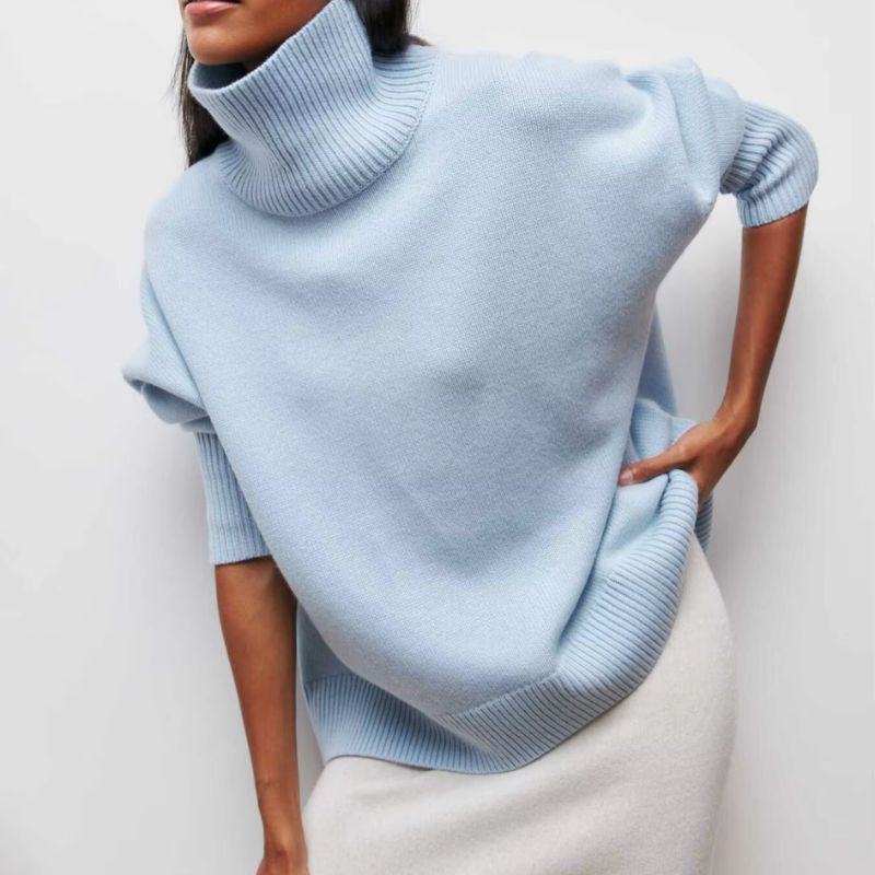 Comfortable Knit Sweater for Women with Turtleneck Short Sleeve Oversized Poncho Style
